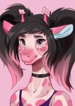  2017 akemi black_hair bust_portrait choker collar corelle-vairel female giraffe giraffid hair hi_res mammal pink_muzzle pink_skin portrait solo spots 