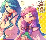  ... 2girls blue_eyes blue_hair bread closed_mouth fire_emblem fire_emblem:_souen_no_kiseki food hands_clasped heart hzk_(ice17moon) ilyana long_hair low-tied_long_hair lucia_(fire_emblem) meat multiple_girls open_mouth own_hands_together purple_eyes purple_hair spoken_ellipsis sweatdrop upper_body 