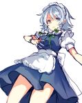  1girl apron bangs blue_dress blue_eyes bow braid breasts commentary_request cowboy_shot dress eyebrows_visible_through_hair green_bow green_neckwear green_ribbon hair_between_eyes hair_bow holding holding_knife holding_weapon izayoi_sakuya knife knives_between_fingers looking_at_viewer maid maid_apron maid_headdress medium_breasts neck_ribbon paragasu_(parags112) puffy_short_sleeves puffy_sleeves ribbon shirt short_hair short_sleeves silver_hair simple_background sketch solo standing thighs touhou twin_braids waist_apron weapon white_apron white_background white_shirt wristband 