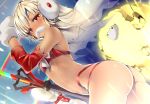  1girl altera_(fate) altera_the_santa ass bare_shoulders bent_over blush breasts commentary_request cowboy_shot dark_skin detached_sleeves earmuffs fake_facial_hair fake_mustache fate/grand_order fate_(series) holding holding_weapon looking_at_viewer mittens natsume_eri photon_ray red_eyes revealing_clothes sheep short_hair silver_hair small_breasts solo standing stomach tattoo thighs veil weapon 