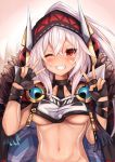 1girl ;d azur_lane bangs black_gloves blush breasts collarbone commentary_request double_v facial_mark fur_collar gloves grin hair_between_eyes hands_up highres long_hair looking_at_viewer medium_breasts minneapolis_(azur_lane) native_american navel one_eye_closed open_mouth ponytail red_eyes revealing_clothes ryara_vivi smile solo stomach tattoo underboob upper_body v white_hair 