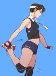  1girl ankle_grab bike_shorts blue_background breasts brown_hair closed_eyes commentary directional_arrow earrings english_commentary fingerless_gloves from_side gloves headband jewelry kasugano_sakura knee_pads lips mike_nesbitt red_eyes shoes short_hair simple_background small_breasts sneakers solo sports_bra standing standing_on_one_leg street_fighter street_fighter_zero_(series) stretch tank_top white_headband 