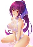  1girl bangs bare_shoulders blush breasts collarbone commentary_request emanon123 fate/grand_order fate_(series) gloves hair_between_eyes hair_ribbon halterneck headpiece highres large_breasts leotard long_hair looking_at_viewer open_mouth ponytail purple_hair purple_ribbon red_eyes ribbon scathach_(fate)_(all) scathach_skadi_(fate/grand_order) simple_background sitting snowflake_print solo thighs tiara wariza white_background white_gloves white_leotard 