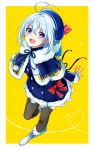  1girl :d antenna_hair arms_behind_back black_legwear blue_dress blue_eyes blue_headwear blue_ribbon blush boots bow capelet dennou_shoujo_youtuber_shiro dress eyebrows_visible_through_hair from_above full_body fur-trimmed_capelet fur-trimmed_dress fur_trim hair_between_eyes hair_ornament hairclip heart hood hooded_capelet light_blue_hair long_sleeves looking_at_viewer open_mouth pantyhose red_bow ribbon shiro_(dennou_shoujo_youtuber_shiro) short_dress short_hair smile snowflake_print solo sparkle standing virtual_youtuber white_footwear x_hair_ornament yellow_background yodare_(3yami8) 