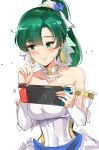  1girl bangs bare_shoulders blush breasts console dress earrings fire_emblem fire_emblem:_rekka_no_ken fire_emblem_heroes green_eyes green_hair high_ponytail highres jewelry large_breasts long_hair looking_at_viewer lyndis_(fire_emblem) nintendo_switch ormille ponytail simple_background smile solo super_smash_bros. very_long_hair wedding_dress white_background 
