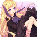  1girl :d alternate_costume alternate_hairstyle bangs black_dress blonde_hair collarbone dress elise_(fire_emblem_if) eyebrows_visible_through_hair fire_emblem fire_emblem_if floral_background flower highres knees_together_feet_apart knees_up long_hair looking_at_viewer loose_socks multicolored_hair object_hug open_mouth pink_flower pink_legwear pink_rose purple_eyes purple_hair rose rose_background sitting smile solo streaked_hair stuffed_animal stuffed_bunny stuffed_toy transistor very_long_hair 