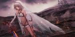  1girl altera_(fate) bangs bare_shoulders blunt_bangs choker cloud cloudy_sky dark_skin detached_sleeves dr_woodpecker dutch_angle eyebrows_visible_through_hair fate/grand_order fate_(series) fire flat_chest highres holding holding_sword holding_weapon looking_away navel red_eyes short_hair silver_hair sky solo sparks standing sword torn_clothes veil wasteland weapon 