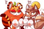  2019 absurd_res anthro baozi_(diives) biped breast_squish breasts brown_fur canid dou_(diives) duo felid female fur hi_res hip_tuft light_fur lucyfercomic mammal multicolored_fur nipples nude orange_fur pale_fur pantherine simple_background squish stripes tiger two_tone_fur white_background white_fur yellow_eyes 