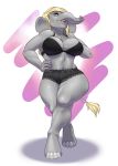  anthro bra breasts clothing comfycushion elephant elephantid female looking_at_viewer makeup mammal proboscidean smile solo standing underwear wide_hips 