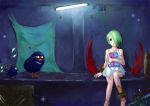  1girl barefoot bracelet breath_of_fire breath_of_fire_v commentary_request dress full_body_tattoo green_eyes green_hair hair_over_one_eye jewelry monster nina_(breath_of_fire_v) red_wings short_hair tattoo white_dress wings 