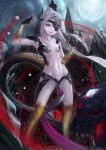  1girl absurdres alternate_costume armpits bustier claws cosplay eyepatch fate/grand_order fate/kaleid_liner_prisma_illya fate_(series) flat_chest gorgon_(fate) gorgon_(fate)_(cosplay) hair_intakes highres illyasviel_von_einzbern long_hair monster_girl navel nekobell open_mouth pelvic_curtain ponytail red_eyes rider scales slit_pupils snake solo standing white_hair 