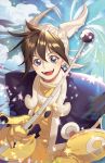  1boy bangs black_hair blue_eyes cloud dated gloves hair_between_eyes hat holding holding_wand houshin_engi index_finger_raised looking_at_viewer male_focus open_mouth shabomu signature smile solo sparkle taikoubou upper_body wand wind yellow_gloves yin_yang 