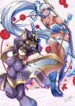  2girls armpits arms_up ass bangs black_hair blue_eyes blue_gloves blunt_bangs bow_(weapon) breasts butt_crack c.r. closed_mouth covered_navel dark_skin gloves hair_between_eyes hairband impossible_clothes impossible_shirt large_breasts long_hair looking_at_viewer majikina_mina multiple_girls panties parted_lips ponytail quiver red_eyes rera samurai_spirits sarong scarf shirt sideboob silver_hair single_glove skindentation snk tabi taut_clothes taut_shirt torn_clothes torn_sleeves underwear very_long_hair weapon white_panties 
