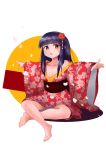  1girl absurdres arms_up barefoot black_hair breasts brown_eyes commentary_request crossed_legs flower hair_flower hair_ornament highres japanese_clothes kazumasa_ken kimono long_hair obi off_shoulder original outstretched_arms print_kimono sash sitting small_breasts solo toes 