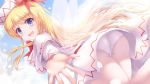  1girl :d blonde_hair blue_eyes blue_sky capelet cherry_blossoms cloud commentary_request day dress eyebrows_visible_through_hair fairy_wings from_below hair_ribbon hat highres lily_white long_hair long_sleeves looking_at_viewer lzh open_mouth outdoors outstretched_arm panties panties_under_pantyhose pantyhose petals red_neckwear red_ribbon ribbon sky smile solo touhou underwear upskirt very_long_hair white_capelet white_dress white_legwear white_panties wings 