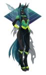 2019 absurd_res ambris anthro blue_hair breasts changeling cleavage clothed clothing female friendship_is_magic green_eyes grin hair hand_on_hip hi_res horn insect_wings loincloth long_hair looking_at_viewer my_little_pony queen_chrysalis_(mlp) smile solo wings 