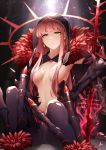  1girl bangs blunt_bangs breasts cleavage commentary_request cosplay cu_chulainn_alter_(fate/grand_order) cu_chulainn_alter_(fate/grand_order)_(cosplay) earrings eyebrows_visible_through_hair fate/grand_order fate_(series) feather_trim hair_over_breasts highres hood jewelry koruta_(nekoimo) lancer long_hair looking_at_viewer medb_(fate)_(all) medb_(fate/grand_order) medium_breasts navel pink_hair sidelocks sitting solo very_long_hair yellow_eyes 