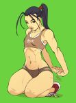  1girl abs arms_behind_back black_eyes black_hair breasts commentary english_commentary forehead full_body green_background ibuki_(street_fighter) interlocked_fingers kneeling lips mike_nesbitt navel one_eye_closed ponytail shoes short_shorts shorts simple_background small_breasts sneakers solo sports_bra street_fighter street_fighter_iii_(series) stretch thick_thighs thighs toned 