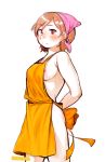  1girl apron arms_behind_back bandana blush breakfastb breasts brown_hair commentary cooking_mama english_commentary looking_at_viewer mama_(cooking_mama) mature medium_breasts naked_apron nipple_slip nipples red_eyes short_hair sideboob solo strap_gap white_background yellow_apron 