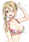  1girl ;d bangs bare_arms bare_shoulders battle_girl_high_school bikini blush braid breasts brown_hair character_request cleavage collarbone commentary_request floral_print french_braid hair_between_eyes hand_up highres kiyosato0928 large_breasts long_hair looking_at_viewer navel one_eye_closed open_mouth purple_eyes sidelocks simple_background sketch smile solo stomach swimsuit upper_body white_background white_bikini 