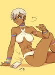  1girl air_pods bikini blue_eyes bracelet breasts cellphone commentary criss-cross_halter dark_skin directional_arrow earrings elena_(street_fighter) english_commentary halterneck hoop_earrings iphone jewelry lips medium_breasts mike_nesbitt navel neck_ring phone simple_background sitting smartphone solo street_fighter street_fighter_iii_(series) stretch swimsuit very_dark_skin white_bikini white_hair wireless yellow_background 