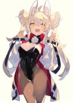  ahoge animal_ear_fluff animal_ears black_legwear blonde_hair breasts bunnysuit double_bun fang fox_ears hajime_(hajime-ill-1st) highres jacket large_breasts leotard open_mouth original pantyhose skin_fang strapless strapless_leotard twintails v yellow_eyes 