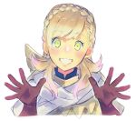  1girl aisutabetao armor blonde_hair blush braid cape fire_emblem fire_emblem_heroes gloves green_eyes long_hair looking_at_viewer open_mouth sharena simple_background smile solo white_background 