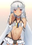  1girl altera_(fate) bangs bare_shoulders blunt_bangs blush bodypaint choker crop_top dark_skin detached_sleeves eyebrows_visible_through_hair fate/grand_order fate_(series) flat_chest gradient gradient_background hair_between_eyes highres looking_at_viewer mizuki_eiru_(akagi_kurage) navel red_eyes short_hair silver_hair simple_background solo standing veil wavy_mouth 