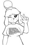  animal_crossing anthro black_and_white breasts canid canine clothed clothing english_text female gesture isabelle_(animal_crossing) looking_at_viewer mammal monochrome nintendo one_eye_closed racism sanaclone shirt smile solo text topwear v_sign video_games wink 