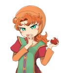  1girl blush breasts commentary_request curly_hair dragon_quest dragon_quest_vii dress green_eyes hat invisiblewanwano long_hair looking_at_viewer maribel_(dq7) red_hair simple_background small_breasts smile solo white_background 
