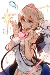  1girl bangs bare_shoulders blush breasts cleavage closed_mouth commentary_request covered_navel dress europa_(granblue_fantasy) eyebrows_visible_through_hair flower granblue_fantasy hair_between_eyes hair_flower hair_ornament hands_up heart light_brown_hair medium_breasts simple_background smile solo tiara water_drop white_background white_dress white_flower yuuji_(yukimimi) 