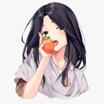  1girl aoi_(buzhuen444) bangs black_eyes black_hair blush commentary_request divine_child_of_rejuvenation food fruit half-closed_eyes highres japanese_clothes kimono licking looking_at_viewer naughty_face open_mouth parted_bangs persimmon portrait saliva saliva_trail sekiro:_shadows_die_twice solo tongue tongue_out 