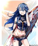  1girl absurdres bare_shoulders belt blue_eyes blue_hair blue_shorts fire_emblem fire_emblem:_kakusei fire_emblem_cipher graysheartart highres long_hair lucina midriff open_mouth short_shorts shorts solo surfboard twitter_username 