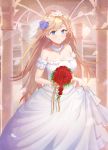  1girl bangs bare_shoulders blonde_hair blue_eyes blush bouquet braid breasts bridal_veil bride choker dress earrings eyebrows_visible_through_hair flower g36_(girls_frontline) girls_frontline hair_between_eyes hair_ornament highres holding holding_bouquet jewelry light_particles long_hair looking_at_viewer medium_breasts necoring862 off-shoulder_dress off_shoulder red_flower red_rose ring rose sapphire_(gemstone) sidelocks skirt_hold smile solo veil very_long_hair wedding_dress wedding_ring white_dress 