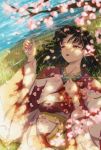  1girl absurdres black_hair blurry cherry_blossoms depth_of_field earrings grass highres inuyasha japanese_clothes jewelry kagura_(inuyasha) kimono lying obi on_back pointy_ears red_eyes sash short_hair solo teardrops_(user_vgvd7733) water 
