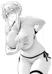  1girl artoria_pendragon_(all) artoria_pendragon_(lancer) bangs bare_shoulders bikini bikini_aside blush braid breasts closed_mouth collarbone commentary_request crown eyelashes fate/grand_order fate_(series) french_braid greyscale hair_between_eyes hand_on_own_chest huge_breasts leaning_forward long_hair looking_at_viewer monochrome nipple_slip nipples sidelocks simple_background soba_(saz) solo swimsuit thigh_strap thighs 