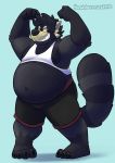  2019 absurd_res anthro belly black_fur blue_background bottomwear clothing fur hashburrowns hi_res humanoid_hands male mammal moobs navel nipples overweight overweight_male procyonid raccoon shirt shorts simple_background solo teeth topwear 