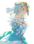  1girl aisutabetao blonde_hair blue_hair crown dress earrings fire_emblem fire_emblem_heroes fjorm_(fire_emblem_heroes) from_side gradient_hair jewelry looking_to_the_side multicolored_hair parted_lips short_hair simple_background solo upper_body veil wedding_dress white_background 