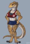  agamid anthro bearded_dragon breasts clothed clothing dbd female hands_on_hips lizard looking_at_viewer navel reptile scalie simple_background solo standing 