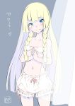  1girl blonde_hair blush braid closed_mouth covered_nipples green_eyes highres li_(lithium0522) lillie_(pokemon) long_hair navel own_hands_together pokemon pokemon_(game) pokemon_sm solo twin_braids 