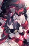  1girl all_fours animal_ear_fluff animal_ears bangs bare_shoulders black_hair blue_eyes blush bottomless breasts cleavage collarbone cosplay dangerous_beast elbow_gloves eyebrows_visible_through_hair fate/grand_order fate_(series) fingernails fox_ears from_above fur-trimmed_gloves fur-trimmed_legwear fur_bra fur_collar fur_trim gloves hair_ornament katsushika_hokusai_(fate/grand_order) kousaki_rui large_breasts looking_at_viewer mash_kyrielight mash_kyrielight_(cosplay) octopus open_mouth purple_eyes purple_hair sharp_fingernails short_hair signature smile solo tail thighhighs 