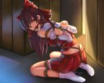  1girl absurdres arms_behind_back back ball_gag bare_legs bdsm bondage bound bound_arms bow breasts brown_hair detached_sleeves eyebrows_visible_through_hair from_behind full_body gag hair_bow hair_tubes hakama_skirt hakurei_reimu highres indoors kneeling lanse_dai_mao long_hair looking_at_viewer looking_back medium_breasts midriff miniskirt nontraditional_miko pussy_juice pussy_juice_puddle red_eyes saliva shibari skirt socks solo straight_hair tied_up touhou vibrator white_footwear 