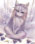  animal_humanoid blue_eyes canid canid_humanoid canine canine_humanoid covering covering_self crossed_legs dutch_angle eyebrow_through_hair eyebrows eyelashes female fox_humanoid front_view fur fur_tuft girlsay hair hi_res humanoid inner_ear_fluff looking_at_viewer mammal neck_tuft nude shoulder_tuft sitting smile solo translucent translucent_hair tuft white_fur white_hair 