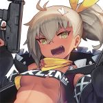  1girl bandana bangs breasts bright_pupils character_name commentary_request dakunesu dark_skin detached_sleeves eyebrows_behind_hair fangs girls_frontline green_eyes grey_hair gun hair_between_eyes hair_ornament hood hoodie klin_(girls_frontline) looking_at_viewer open_mouth ponytail ribbon solo strap submachine_gun thick_eyebrows thighhighs underboob upper_body weapon yellow_neckwear 