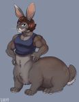  bottomless clothed clothing dbd female fur hair lagomorph leporid looking_at_viewer mammal muscular muscular_female rabbit smile solo taur whiskers 