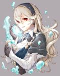  1girl armor black_gloves black_hairband female_my_unit_(fire_emblem_if) fire_emblem fire_emblem_if gloves grey_background hairband long_hair my_unit_(fire_emblem_if) parted_lips pointy_ears red_eyes robaco simple_background solo stone twitter_username upper_body white_hair 