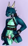  anthro dragon harness hi_res looking_at_viewer male penis purple_background scalie simple_background smol solo 