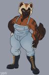  anthro boots breasts clothed clothing dbd female footwear fur looking_at_viewer mammal mustelid musteline simple_background solo suspenders wolverine 