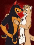  2019 5_fingers animal_genitalia anthro anthro_on_anthro balls black_fur black_nose brown_eyes brown_fur canid canine canis chest_tuft cougar cuddling digital_media_(artwork) dobermann domestic_dog duo ear_tuft eye_contact fangs felid feline fondling fully_sheathed fur green_eyes hair hand_on_back hand_on_chest hi_res looking_at_another male male/male mammal markings multicolored_fur muscular muscular_male nude open_mouth patrikthedog pecs pink_nose pinscher pinup pose romantic_couple sheath simple_background smile standing tan_fur tan_hair teeth toby_(tatertots) tongue tuft whiskers white_fur 