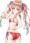  1girl arm_up ass ass_visible_through_thighs bikini black_ribbon blonde_hair blue_eyes breasts cowboy_shot from_behind highres long_legs looking_at_viewer looking_back multi-strapped_bikini red_bikini ribbon saenai_heroine_no_sodatekata sawamura_spencer_eriri simple_background small_breasts solo standing swimsuit twintails user_wye9686 white_background 